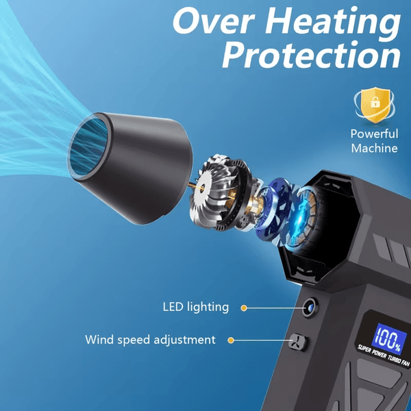 Turbine fan with 140000 revolutions per minute powerful blowing -4-speed speed regulation, multi head nozzle, LED light, suitable for car snow removal, computer dust removal, grill cleaning, outdoor camping, and home ventilation maintenance, wireless port