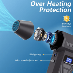 Turbine fan with 140000 revolutions per minute powerful blowing -4-speed speed regulation, multi head nozzle, LED light, suitable for car snow removal, computer dust removal, grill cleaning, outdoor camping, and home ventilation maintenance, wireless port