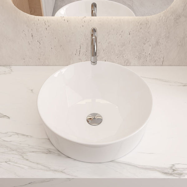 Bathroom Counter Top Ceramic Basin Sink Bathroom Vanity Cloakroom Hand Wash Basin Round Bowl with Pop Up Waste Drainer, White, 405x405x146mm, Faucet Not Included