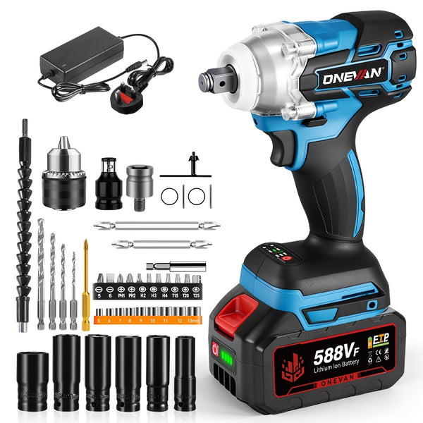 Brushless Electric Wrench, 1/2 Inch Impact Wrench Set,, with LED Work Light, 2 Forward Speeds, 2 Reverse Speeds, for Home DIY/Electric Tools Home DIY/Electric Tools, Furniture Installation Scaffolding Electric Tools, ONEVAN