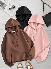 Women's Solid Color 3pcs Set Hooded Sweatshirt with Kangaroo Pocket and Drawstring Hood