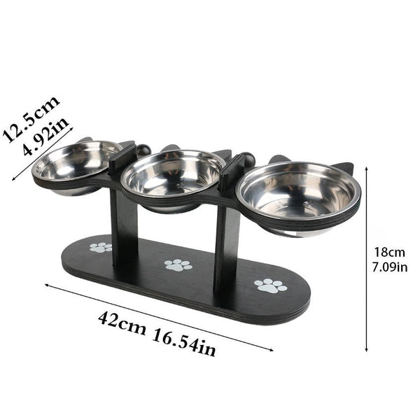 Pet Food Feeding Stand Station Stainless Cat Dog 3* Raised Bowls Wooden Holder
