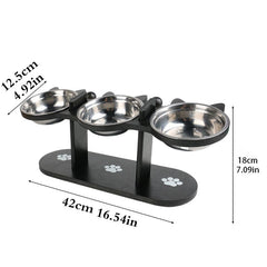 Pet Food Feeding Stand Station Stainless Cat Dog 3* Raised Bowls Wooden Holder