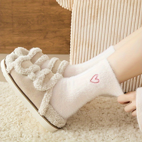 5 Pairs of Cozy Heart-Embroidered Socks - Soft, Fluffy, Mid-Calf Length, Perfect for Women, Autumn & Winter, Autumn Winter Socks | Heart Embroidery Socks | Texture Socks