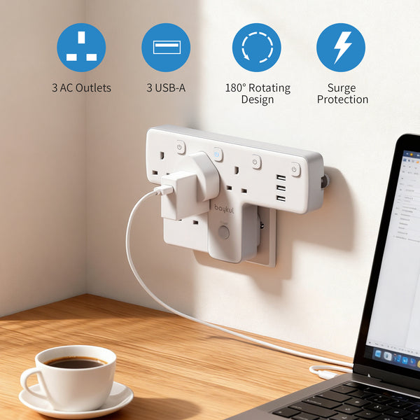 Wall-Mounted UK Plug Adapter with T-Shaped Multifunctional Power Strip, Multiple Power Output Sockets, 3 USB Ports, Independent Switch, and Rotatable Design - Supports Up to 3250 Watts - Ideal for Bedrooms, Kitchens, Living Rooms, Game Rooms, and More