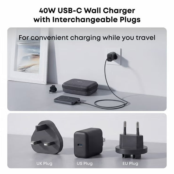 Anker Travel Bundle with Maggo Power Bank (10K, Slim), 40W Wall Charger with US/UK/EU Plugs, 60W USB-C to USB- C Cable (1.8 M/6 Ft), and Travel Case