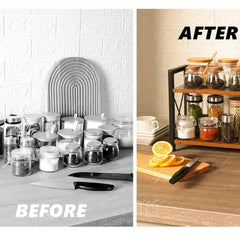 2 Tier Wooden Spice Rack, Kitchen Counter Organiser for Spices, Oil Bottles, Coffee Storage, Rustic Design with Stable Structure, Quick Assembly, Versatile for Home and Office Use