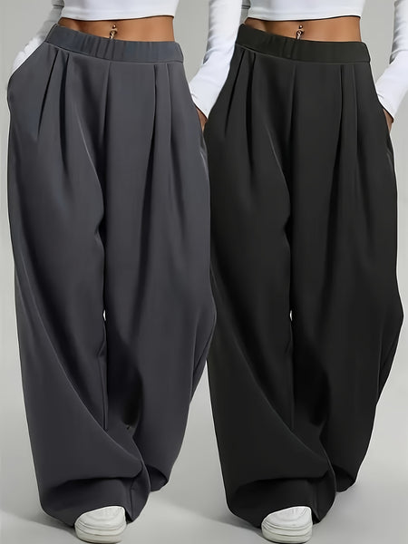 Elegant Set of Two Solid Color Casual Wide-Leg Pants