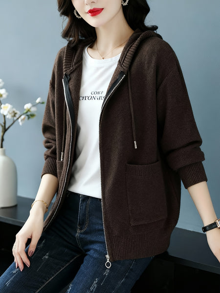 Women's New Fashionable Hooded Sweater, Outerwear with Hood, Cashmere Cardigan Autumn Wear, Drawstring Hood Design, Loose Fit, Cashmere Fabric Texture, Suitable for Women Who Pursue Comfort, Fashion and Warmth.