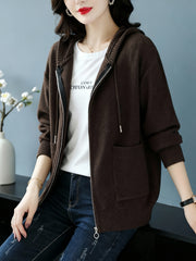 Women's New Fashionable Hooded Sweater, Outerwear with Hood, Cashmere Cardigan Autumn Wear, Drawstring Hood Design, Loose Fit, Cashmere Fabric Texture, Suitable for Women Who Pursue Comfort, Fashion and Warmth.
