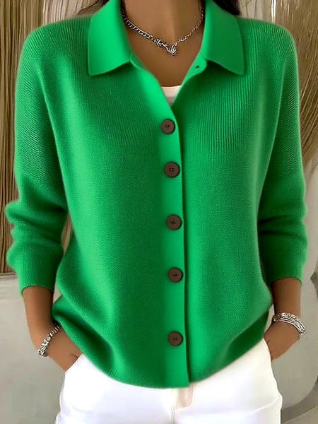 Women Lapel Collar Button Front Solid Long Sleeve Loose Casual Cardigan Top