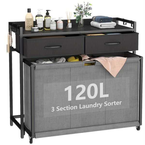 Modern Gray Rolling Laundry Hamper with 3 Removable Bags & 2 Drawers - Durable Wooden Laundry Sorter Cart for Bathroom, Bedroom, Laundry Room - Space-Saving Storage Organizer with Wheels, Laundry Basket, Laundry Baskets