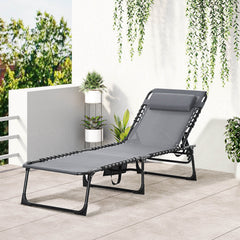 Portable Sun Lounger, Folding Camping Bed with Side Pocket and Pillow for Patio