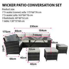 9Seats Garden Furniture Set Rattan Outdoor Corner Sofa Wicker Dining Table Chair for Patios Conservatories Rectangular