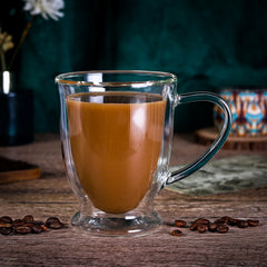 Vinsani Double Walled Coffee Drink Glasses Tea Cup Mug Heat Cold Resistant Aesthetic Clear Borosilicate Glass with Handle Cappuccino Latte Tea Dessert Hot and Cold Drinks