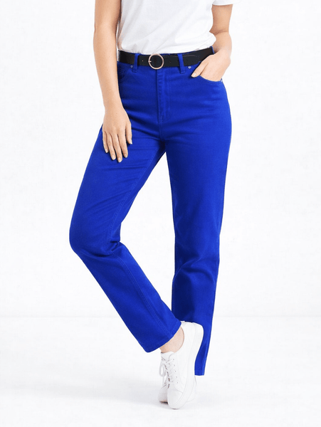 Women's Straight Leg Mid-Rise Chino Trouser Soft Denim Jeans in Blue and Red in Short Regular Long Size 6 8 10 12 14 16 18