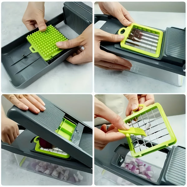 16-In-1 Enhanced Vegetable Chopper, Multi-Functional Vegetable Cutter, Versatile Fruit Slicer, Manual Food Grater with Container, Interchangeable Multi-Blade Onion Chopper, Home Potato Slicing Tool