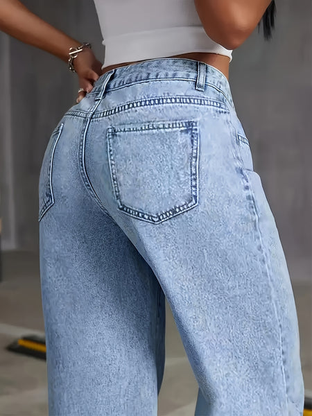 Women's New Fashion Stretchy Straight Jeans, Loose Comfort Fit Wide Leg Jeans, Acid Washed Light Blue Denim Trousers with Pockets, Elegant Women's Clothing, High Waisted Tummy Control Pantalones. Baggy Casual Pants for Travel, Work and Office Wear.