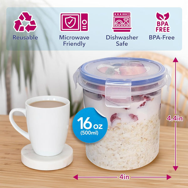 Bubblewally Overnight Oats Container with Lids (4-Piece Set) - 16 Oz Plastic Containers - Oatmeal Container to Go | Portable Cereal and Milk Container| Snap Lock Storage Jars with Airtight Lids