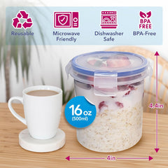 Bubblewally Overnight Oats Container with Lids (4-Piece Set) - 16 Oz Plastic Containers - Oatmeal Container to Go | Portable Cereal and Milk Container| Snap Lock Storage Jars with Airtight Lids