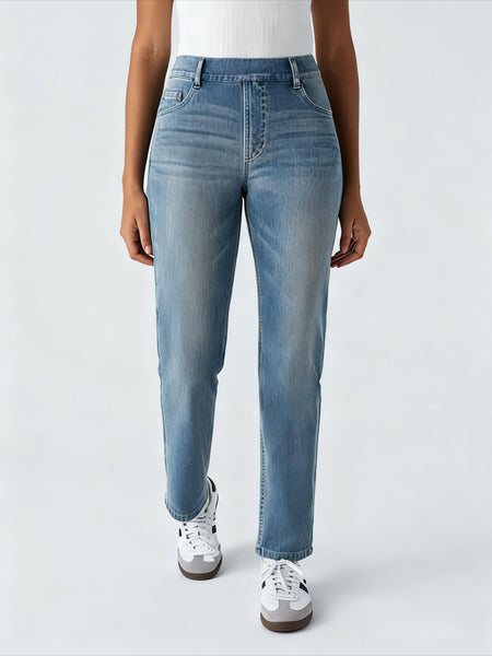 [Stretch High Waist Jeans] Stretch High Waist Multi-Pocket Straight Leg Jeans | Water-Washed Casual Pants, Machine Washable Solid Color Elegant Comfort for Spring/Summer