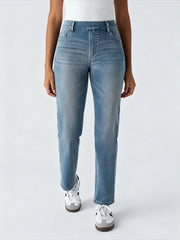 [Stretch High Waist Jeans] Stretch High Waist Multi-Pocket Straight Leg Jeans | Water-Washed Casual Pants, Machine Washable Solid Color Elegant Comfort for Spring/Summer