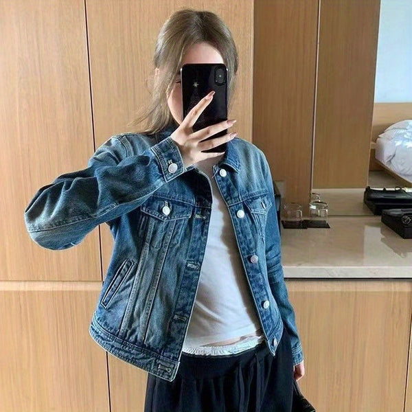 Women's denim hooded winter jacket with pockets - Warm panel design, detachable hood, casual autumn/ winter jacket, comfortable for outdoor wear, Women's winter denim, Cold Weather Wear, Seasonal Fashion, Retro Style, Quality Stitching, Casual Attire