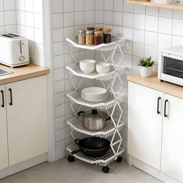 Foldable Kitchen Organizer Cart with 360° Rotating & Multi-Tier Shelves, Large Capacity Metal Vegetable Cart & Organiser - Portable, Space-Saving Storage for Pantry, Utility Room & Kitchen