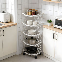 Foldable Kitchen Organizer Cart with 360° Rotating & Multi-Tier Shelves, Large Capacity Metal Vegetable Cart & Organiser - Portable, Space-Saving Storage for Pantry, Utility Room & Kitchen
