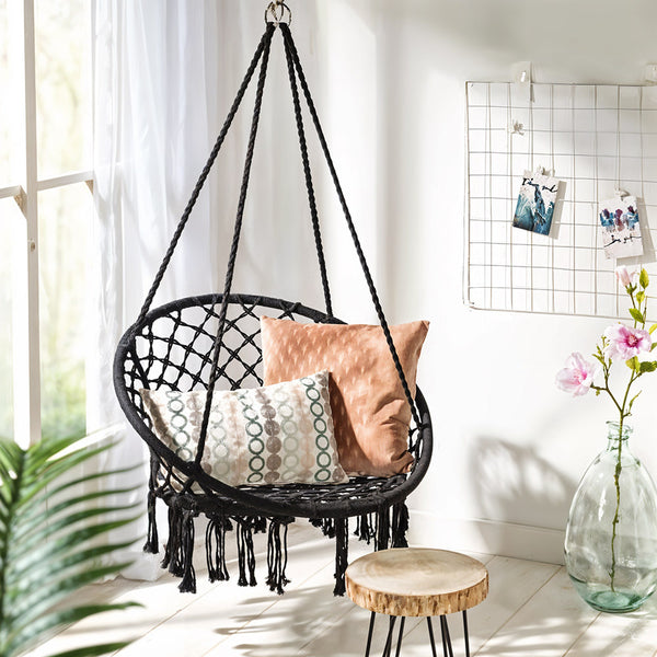 Courtyard Woven Hanging Basket, Hanging Cotton Rope Iron Ring Hanging Chair, Balcony Rocking Chair, Suitable for Indoor, Outdoor, Home, Balcony, Courtyard, Garden, Maximum Load Capacity: 200kg, Material: Iron Ring, Cotton Rope (No Include Cushion)