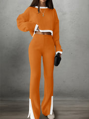 Women'S Short Color-Blocked Long-Sleeve Top with Solid Color Pants, a Casual And Stylish Outfit for Christmas