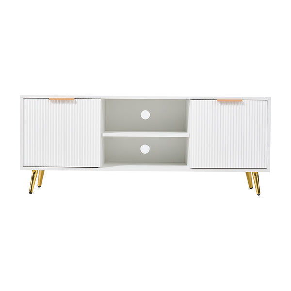 Modern Minimalist Style White Stripes TV Stand 47.2inch Media Unit Storage Cabinet with Open Storage Shelves Entertainment Center for 55 inches TVs Living Room Furniture Cupboard 120cm
