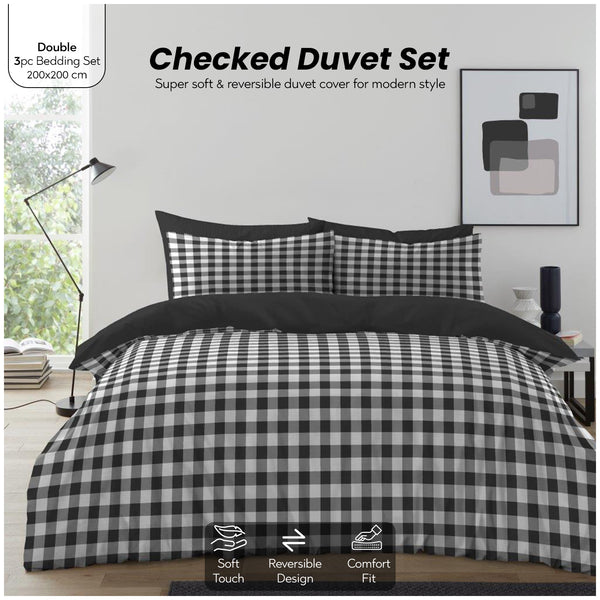 Gingham Moor Check Duvet Cover Set | Plain Reversible Microfibre Quilt Bedding with a Soft Lightweight Feel and Stylish Check Design | Ultra-Soft Matching Pillowcases for Everyday Bedroom Comfort | Available in Single, Double, King Sizes | Fast Dispatch f