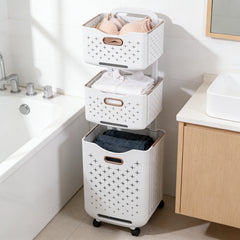 Three-Tier Laundry Basket with Wheels and Handle, Collapsible and Foldable Plastic Clothes Storage Bin, Portable Bathroom Storage Rack, Multifunctional Kitchen Organizer Basket. Compact Design, Sturdy and Durable. Dimensions: 39cm W x 29cm D x 115cm H.