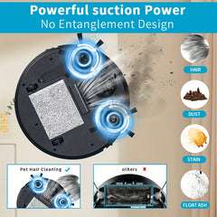 3-in-1 Robot Vacuum Cleaner | 4, 000 Pa Powerful Suction, Up to 90mins Runtime, Low Noise, Suitable for Hard Floors, Flatmarble Tiles, and Wood Floors | USB Charging, Hair Anti-Tangling, Blow and Suction Integrated, Crash Protection