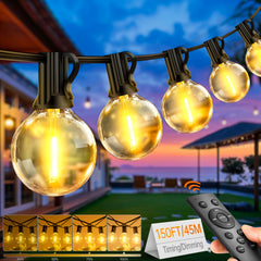 Outdoor Festoon Lights|LED Fairy Lights -65ft/100ft/150ft LED Garden String Light 20/30/45M+2 (Spare) Bulbs, IP65 WaterproofDimmable Timer G40 Bulbs Hanging Patio Lighting with Remote Control for Balcony Garden Gazebo Patio Awning Wedding Party (No Button
