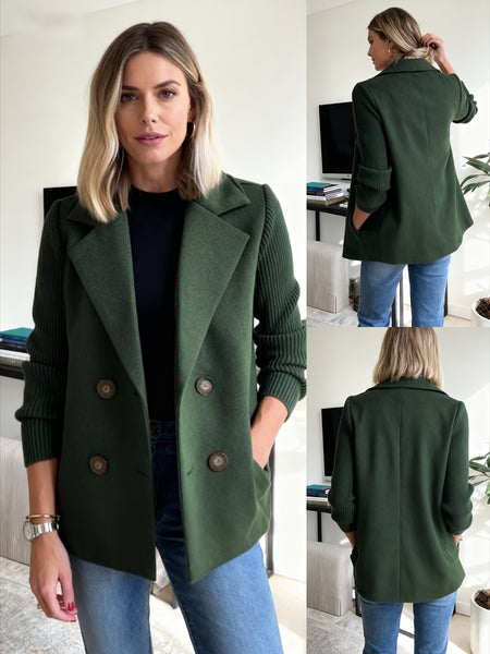 A Stylish And Sophisticated Patchwork Coat for Women, Designed with a Lapel Collar And Double-Breasted Closure, Featuring a Ribbed Texture. Perfect for Casual Autumn And Winter Outfits, Office Environments, And Social Events