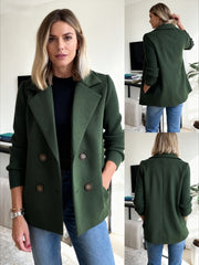 A Stylish And Sophisticated Patchwork Coat for Women, Designed with a Lapel Collar And Double-Breasted Closure, Featuring a Ribbed Texture. Perfect for Casual Autumn And Winter Outfits, Office Environments, And Social Events