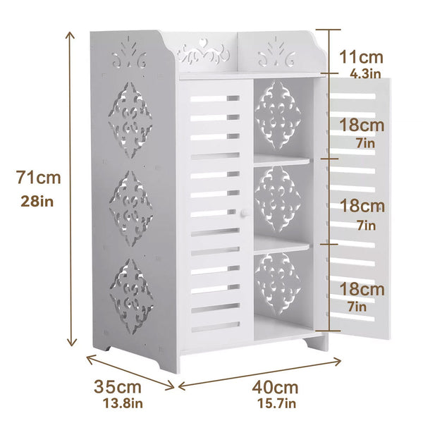 4-Tier White Modern Storage Cabinet with Double Doors - Heavy-Duty MDF/MDF-like Softwood, Shoe & Bookshelf Organizer, -Standing Furniture for Living Room, Bedroom - Space-Saving Vertical Cabinet (No Metal Parts