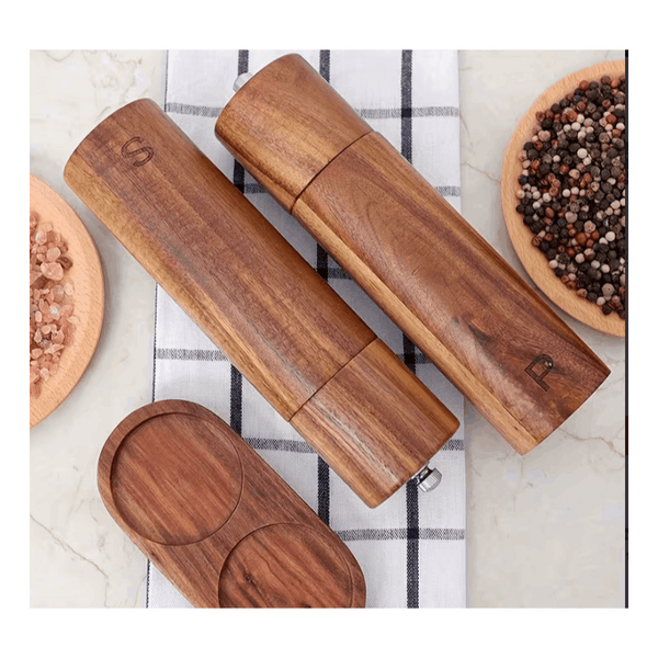 Wooden Salt And Pepper Grinder Set, Acacia Wood Pepper Mill With Wooden Tray, Cleaning Brush, Spoon, 20.32 Cm, Dinner Table Accessories, Chrismas Gifts, Halloween Gifts