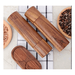 Wooden Salt And Pepper Grinder Set, Acacia Wood Pepper Mill With Wooden Tray, Cleaning Brush, Spoon, 20.32 Cm, Dinner Table Accessories, Chrismas Gifts, Halloween Gifts