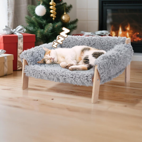 Large Cat Sofa Dog Bed, Sturdy Wooden Pet Sofa for Indoor Cats, Soft Cat Couch Wooden Cats Hammock Suitable for Kitten, Puppy Gray 56x45x27cm