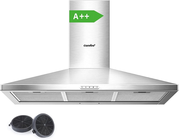 COMFEE' 60 Cm Chimney Cooker Hood Stainless Steel Extractor Hood with LED and Recirculating & Ducting System Wall Mounted Range Hood 600 Mm Extractor Fan - Silver KWH-PYRA17SS-60