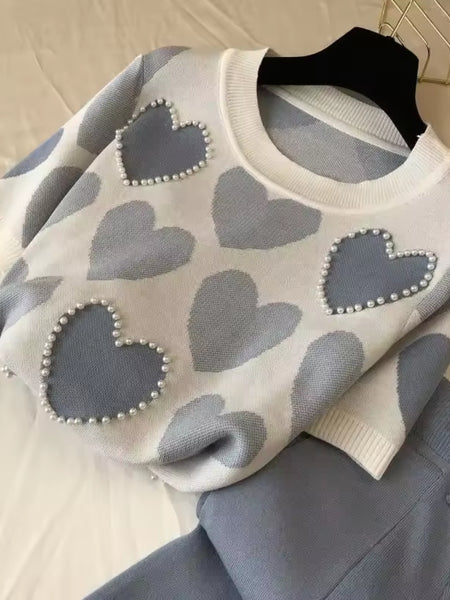 Women'S Korean-Style Heart-Shaped Printed Set - Short-Sleeved Beaded Top And Sweatpants, Casual Elegant Heart Pattern Outfit, Round Neck with Pockets, Casual Wear/Elegant /Beaded Details, Sweater Set