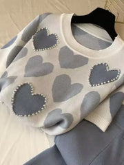 Women'S Korean-Style Heart-Shaped Printed Set - Short-Sleeved Beaded Top And Sweatpants, Casual Elegant Heart Pattern Outfit, Round Neck with Pockets, Casual Wear/Elegant /Beaded Details, Sweater Set