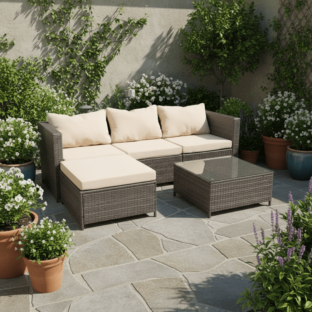 Rattan Garden Furniture 3 Piece Corner Sofa Set PE Wicker Patio Table and Chairs with Cushion