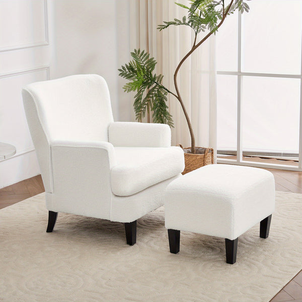 White Teddy Fabric Lounge Chair with Ottoman - 69x58x85.5cm Plush Armchair, Sponge Cushion & Plywood Frame, for Living Room/Bedroom (Black Wooden Legs)
