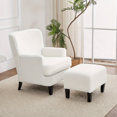 White Teddy Fabric Lounge Chair with Ottoman - 69x58x85.5cm Plush Armchair, Sponge Cushion & Plywood Frame, for Living Room/Bedroom (Black Wooden Legs)