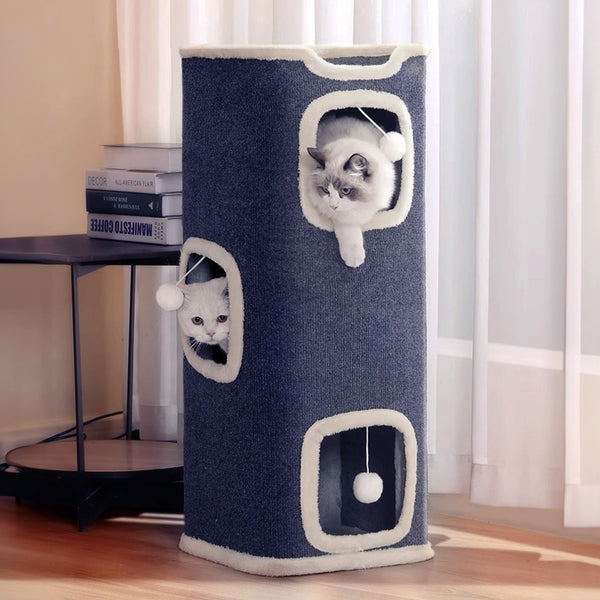 Large Cat Bed Cat House Cave & Tower Foldable Indoor 1/2/3 Layer with Hanging Toy Ball for Small Medium Pets, Large Cats Cube Bed Cave with Hideaway Condos