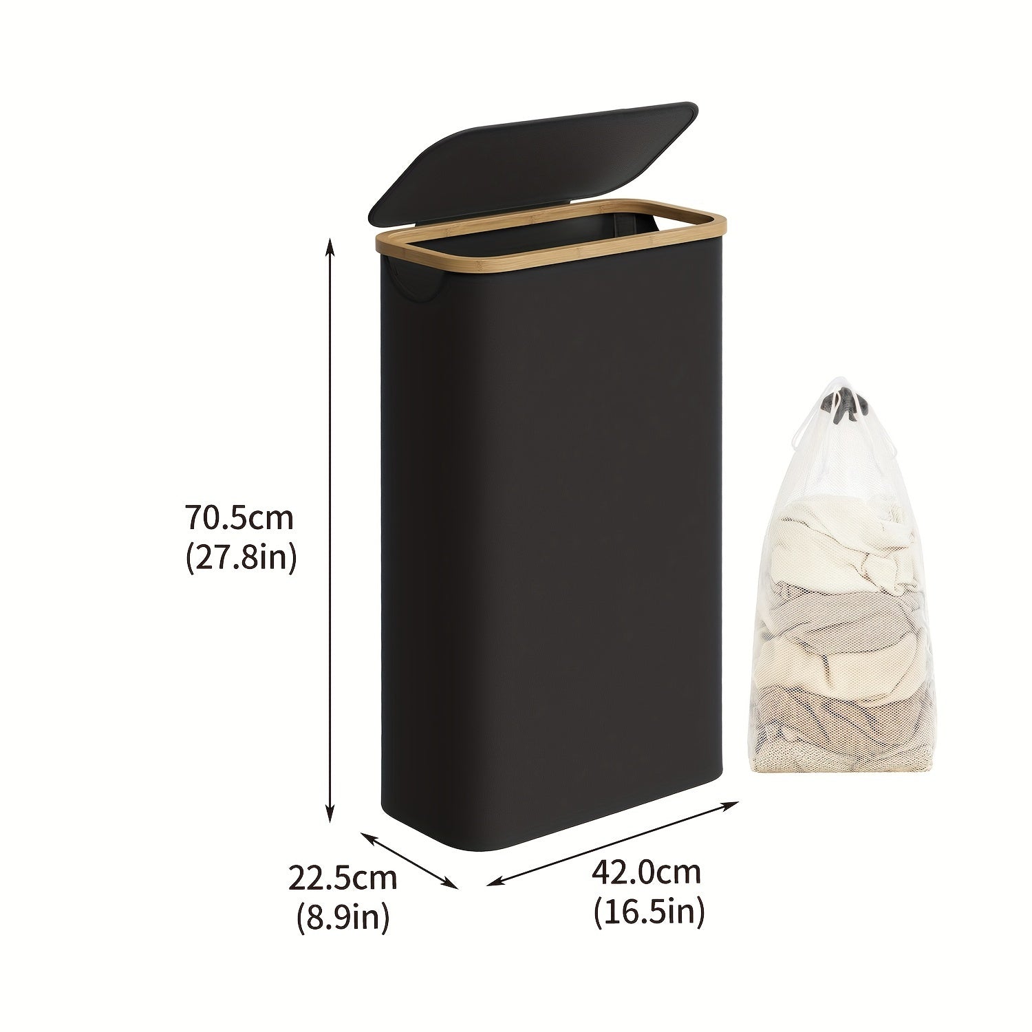 1pc 60L Slim Tall Laundry Hamper with Lid & Removable Bag - Collapsible Foldable Clothes Basket Suitable for Bedroom, Bathroom, Dorm - Modern Dirt- Clothes Bin with Bamboo Handle, Space-Saving Storage, Laundry Baskets